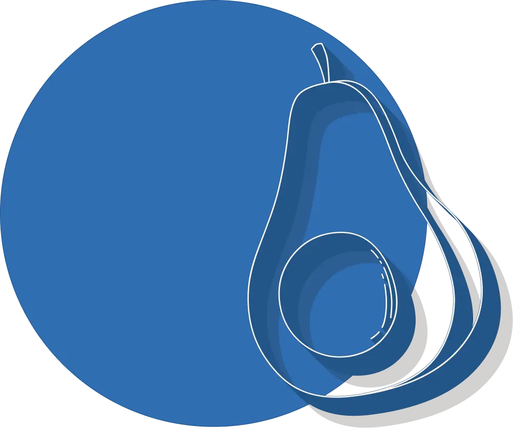 Minimalist flat line drawing of an avocado with a blue circle in the background