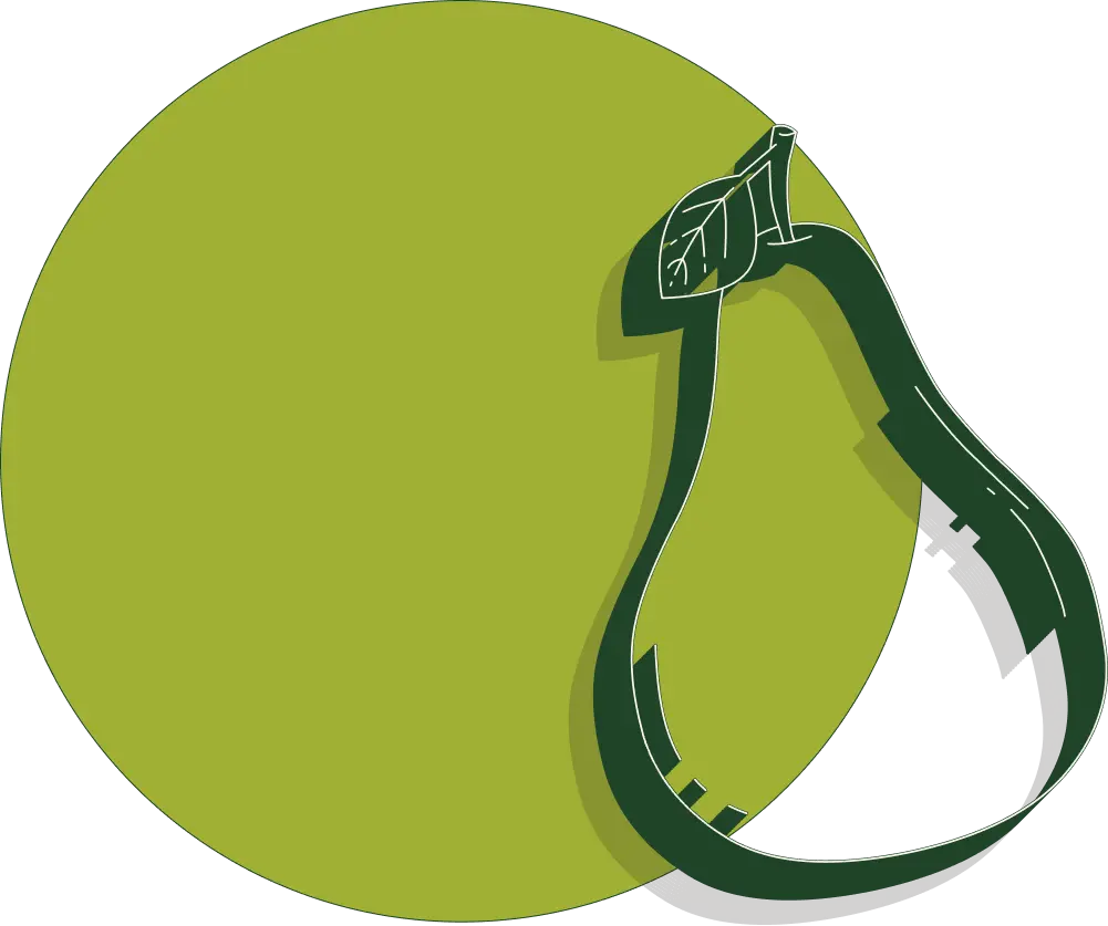 Minimalist flat line drawing of a pear with a green cicle in the background