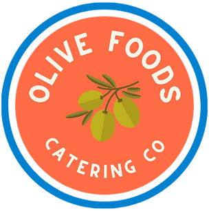 Olive Foods Catering Co. logo, orange background with thick blue outline and white text